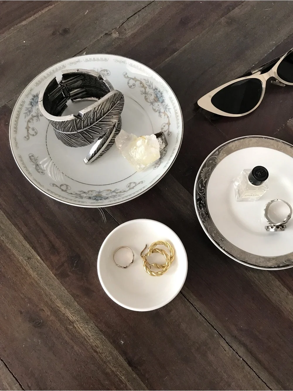 Vintage Silver White Chinese Porcelain Jewelry & Trinket Tray